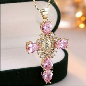 18K Gold Pink Zircon Virgin Mary Cross Pendant Necklace